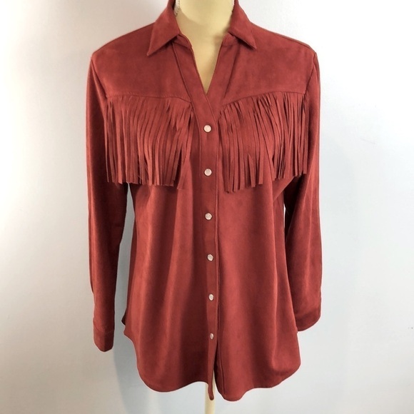 Western Faux Suede Fringed  Shacket Jacket Rust Lg - Picture 12 of 12